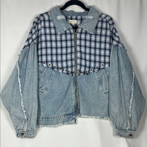 POL - Blue Plaid Jean Jacket - Oversized - Size S
